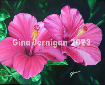 Oil painting titled Twin Hibiscus